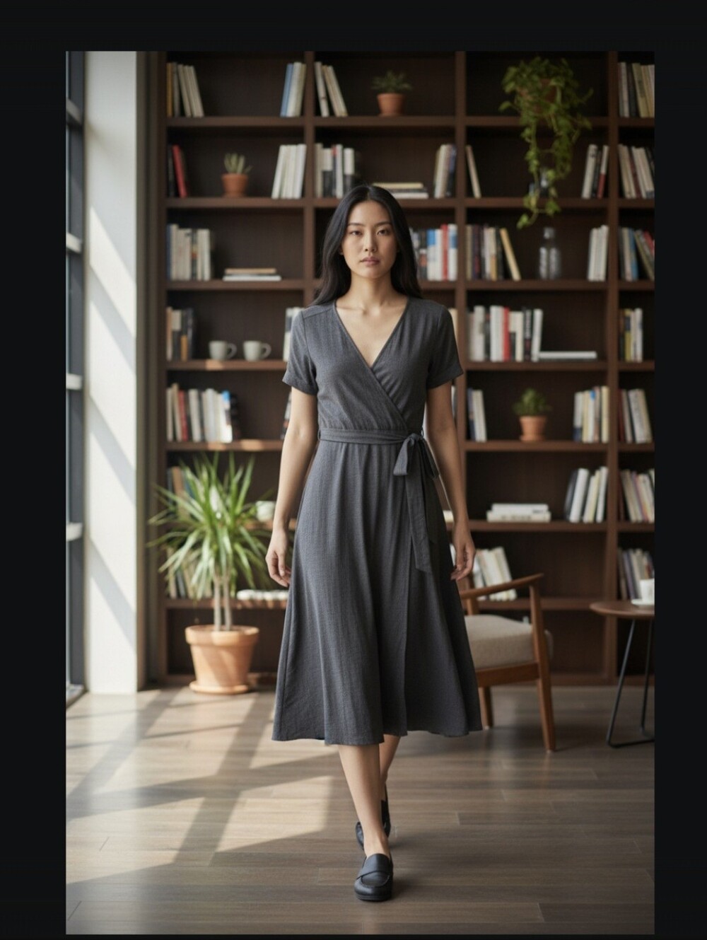 Comptoir Des Cotonniers Charcoal Grey Wrap-Style Midi Dress-.small